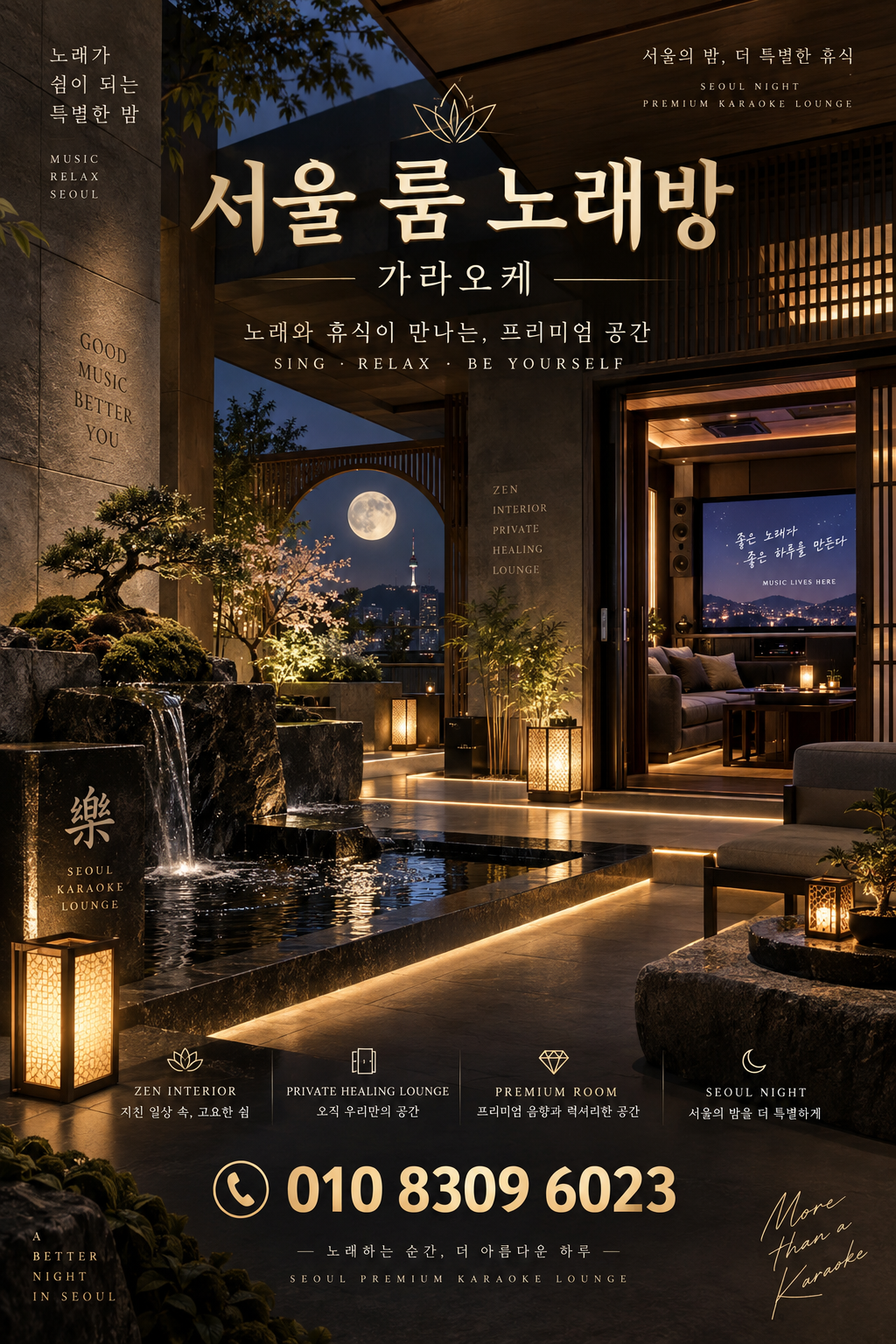 마천동 가라오케 · 서울 룸 노래방 홍보 포스터, 정원과 달빛 라운지